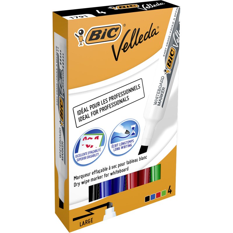 Marqueur effaçable Bic Velleda 1791 pointe biseautée de 3,3 à 4,6 mm - Pochette de 4 couleurs assorties