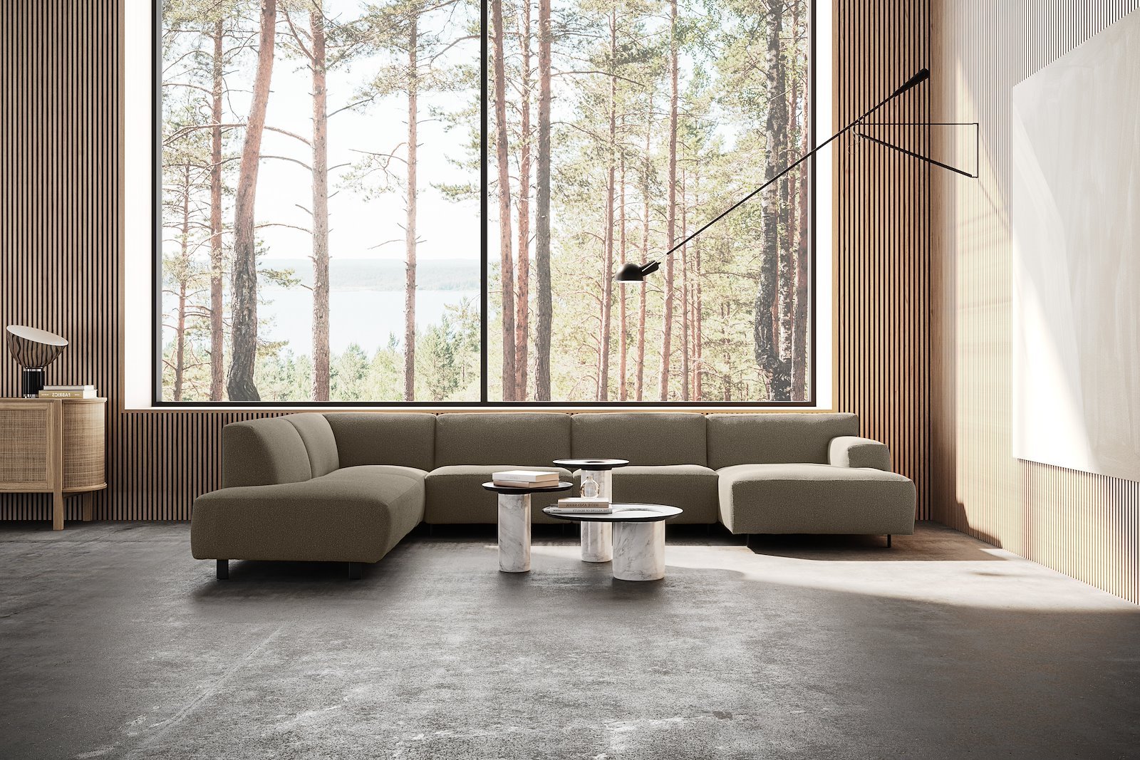 Vesta U-sofa Sjeselong høyre, 3-seter og åpen ende venstre. Big hjørnemodul, Tekstil Gianni Mole, sort metallben 10 cm, Comfort CM