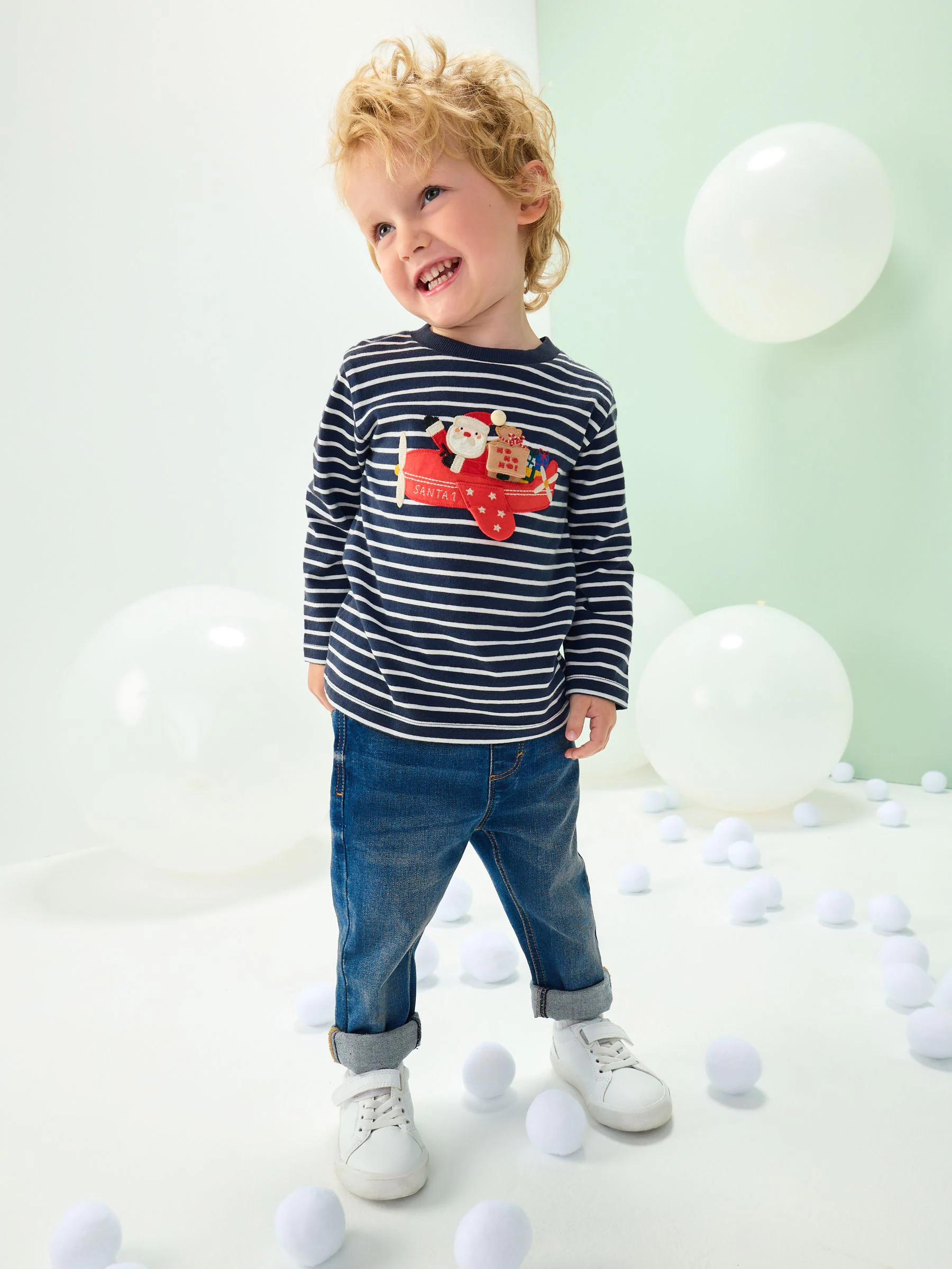 Marineblauw/wit applicatie - Kerst-T-shirt met lange mouwen (3mnd -8jr)
