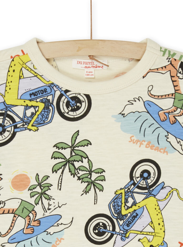 T-shirt blanc crème à imprimé félins surfeurs