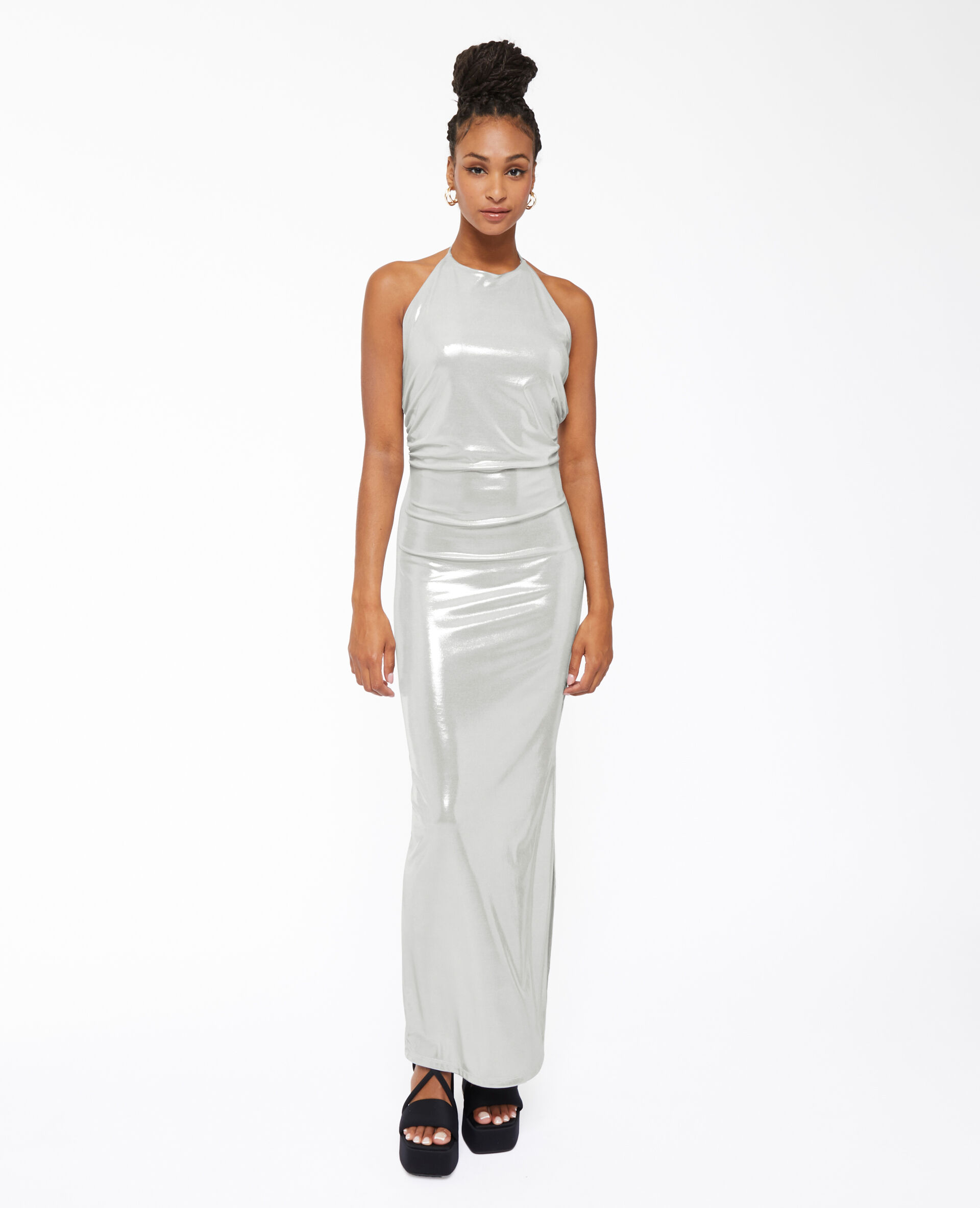 Robe longue en maille fluide et brillante - Gris clair