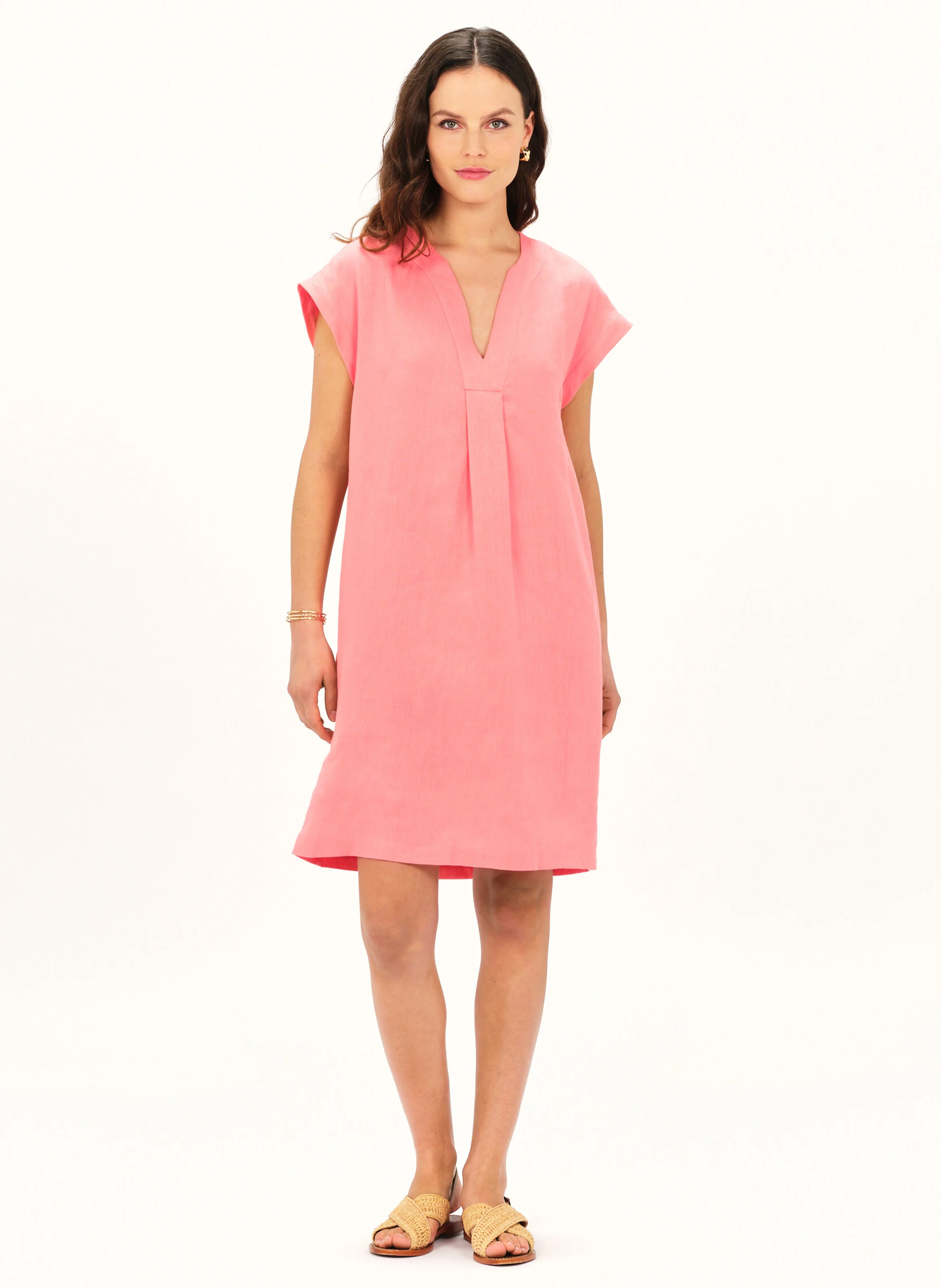 MIRABELLE - Robe courte droite encolure V en lin | Rose
