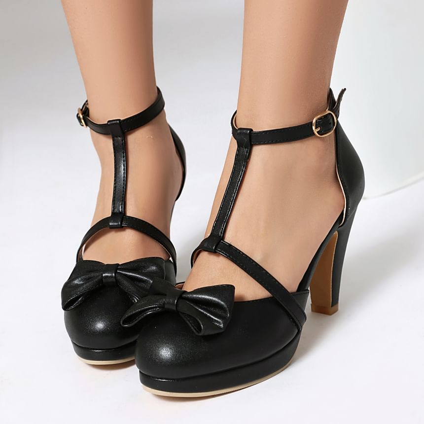 Megan - Chunky Heel Plain Bow Accent Faux Leather D'Orsay Pumps