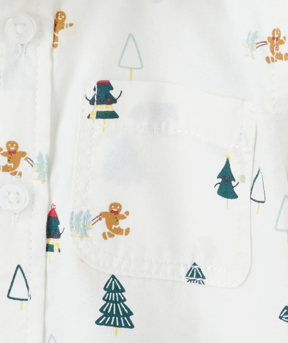 CHEMISE BÉBÉ GARÇON BLANCHE AVEC IMPRIMÉ THÈME NOËL ET NOEUD PAPILLON VERT