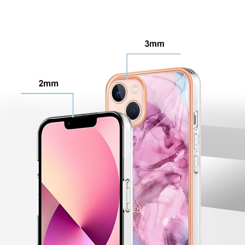 iPhone 14 Gummi Case Hülle Galvanisierter Rahmen Marble Marmor Design - Pink / Lila / Roségold