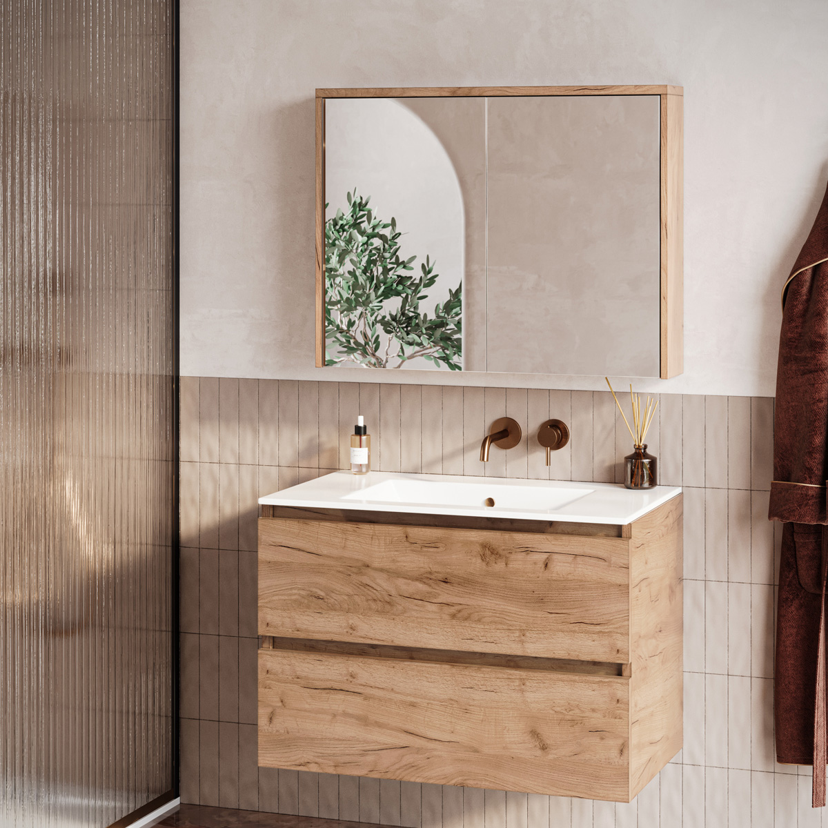 Fontana Rovigo badmeubel 80cm warm eiken met witte wastafel zonder kraangat en spiegelkast zonder verlichting