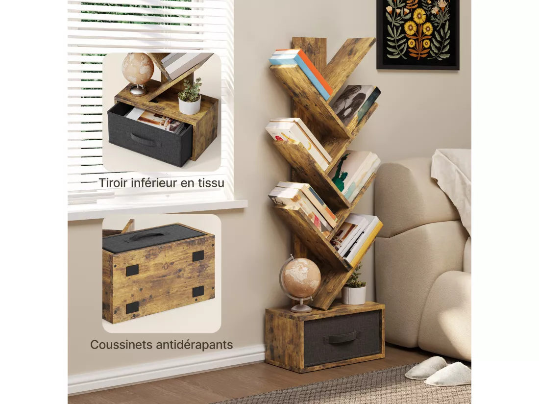 Bealife Bibliothèque 7 Niveaux Étagère de Rangement 1 Tiroir Tissu Arbre Livre CD Magazine Salon Chambre Marron