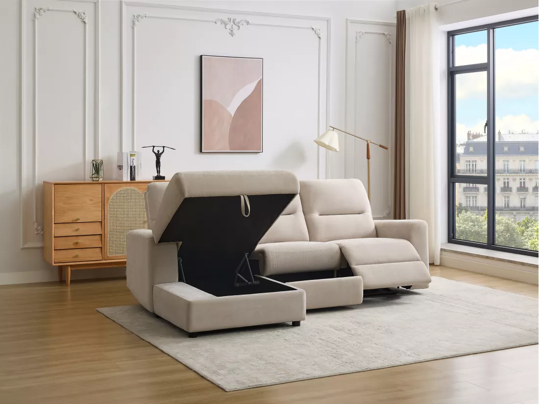 Canapé d'angle gauche relax électrique avec rangements en tissu beige BURIOCA