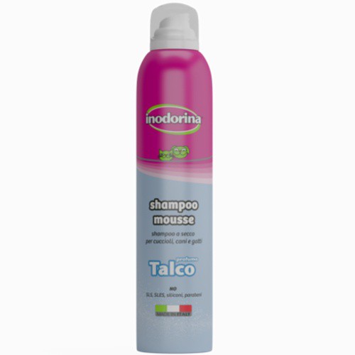 Shampoo a seco Inodorina com talco para cães e gatos.