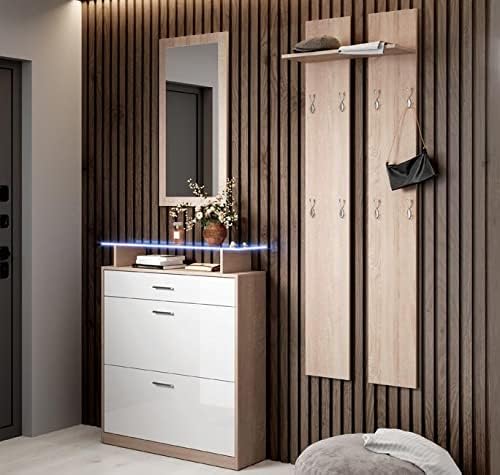MB Muebles Bonitos | Flurmöbel mit Schuhschrank | Breite 89 x Höhe 105 x Tiefe 24 cm | Glasablage mit LED | Glänzendes Melamin | Farbe Sonoma und Weiß | Schuhregal für die tür | Modell Paola
