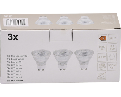 3x LED reflectorlamp PAR16 GU10/4,9W (64W) 450 lm 2700 K warm wit helder 3 stuks 36°