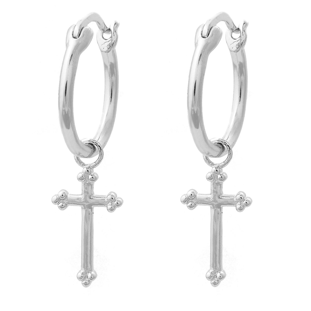 Boucles d'oreilles Mini Créoles croix pendante Argent 925 Rhodié