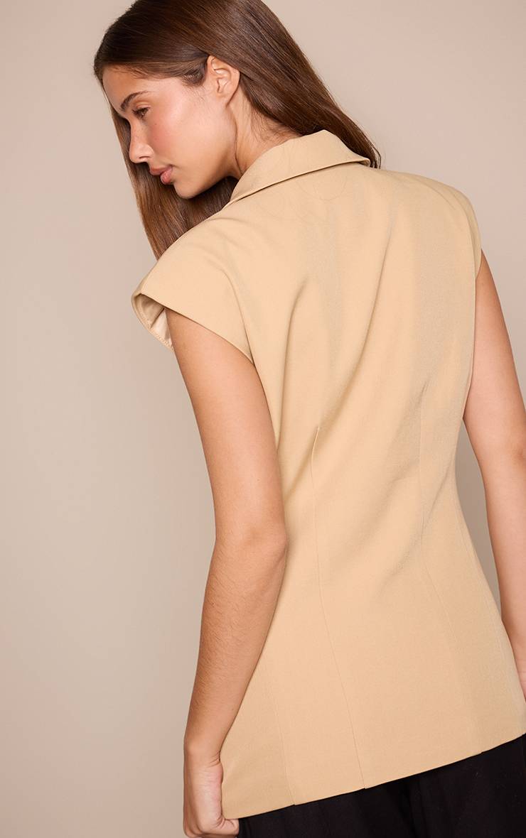 Beige Blazer Sans Manches À Double Boutonnage