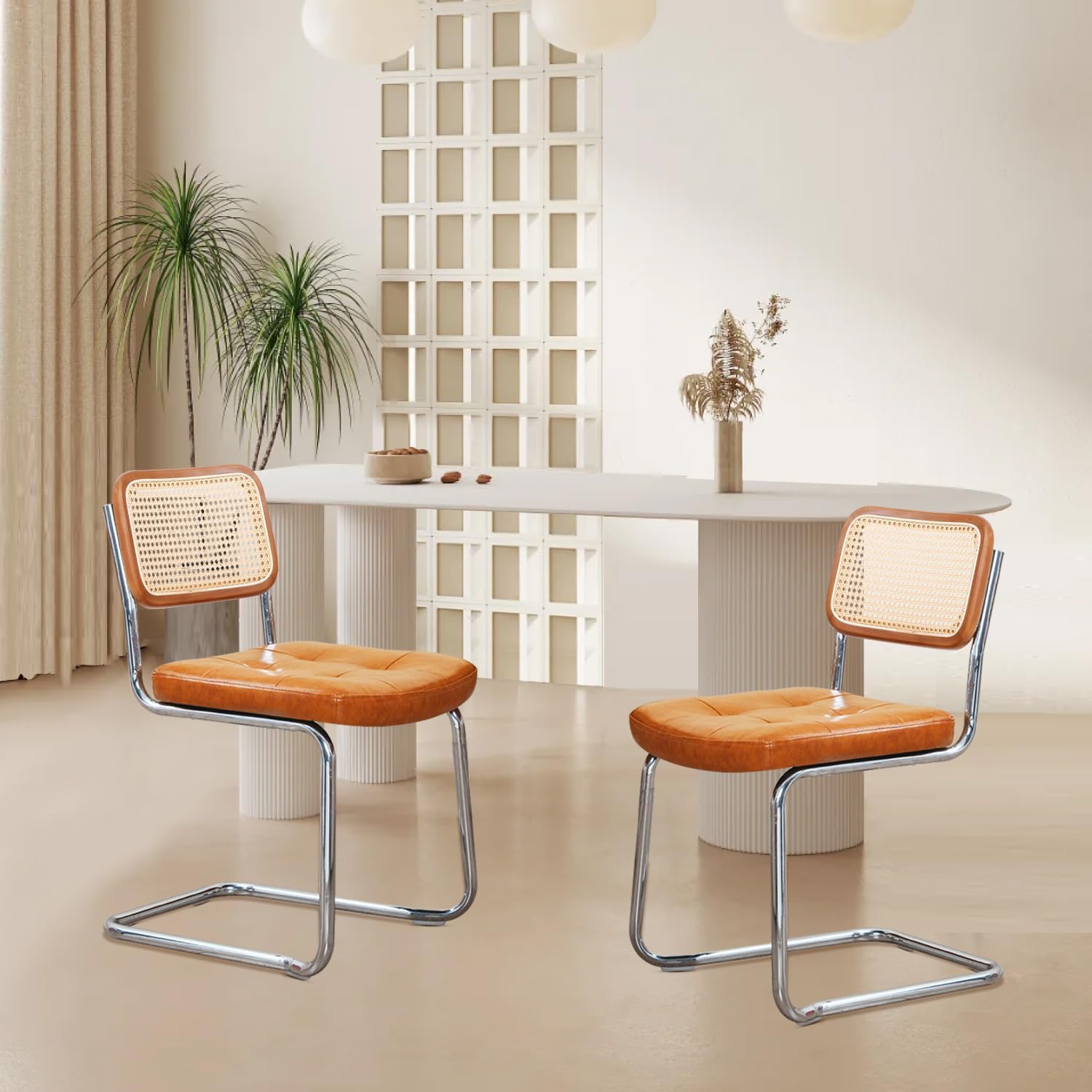 Esszimmerstuhl 2er Freischwinger Stühle Rattan Stühle Schwingstuhl Küchenstuhl Polsterstuhl mit PU Sitzpolster Belastbarkeit 130 Kg für Esszimmer und Esstisch