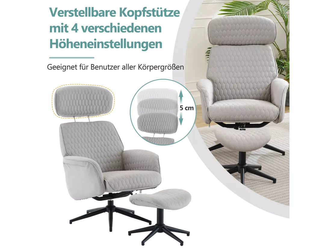Chaise pivotante à 360° avec inclinaison réglable (95-125°) - Repose-pieds - Tissu technique - Gris