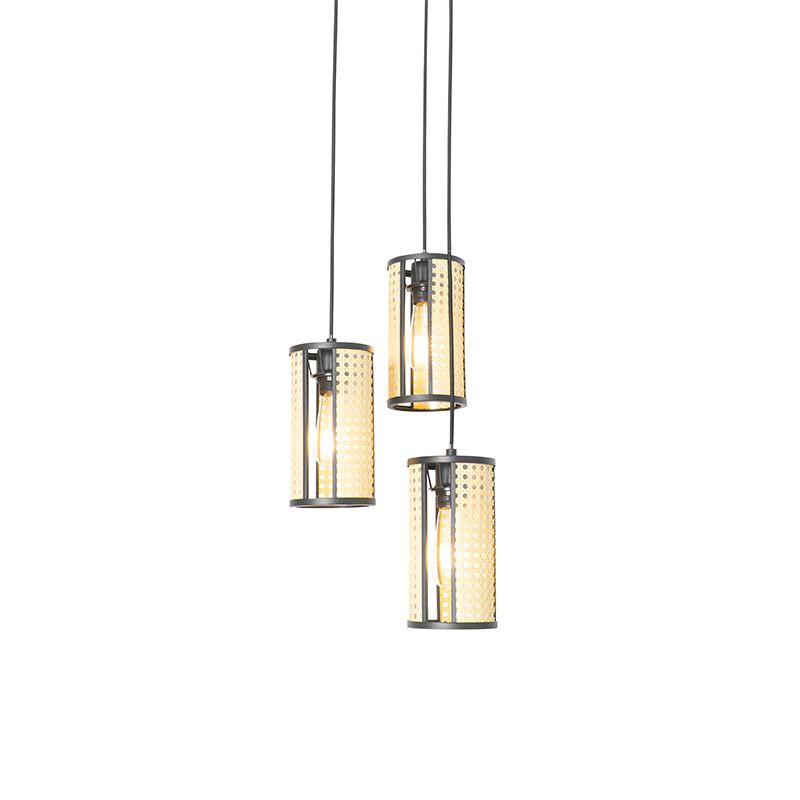 Oosterse hanglamp zwart met rotan 3-lichts rond - Akira