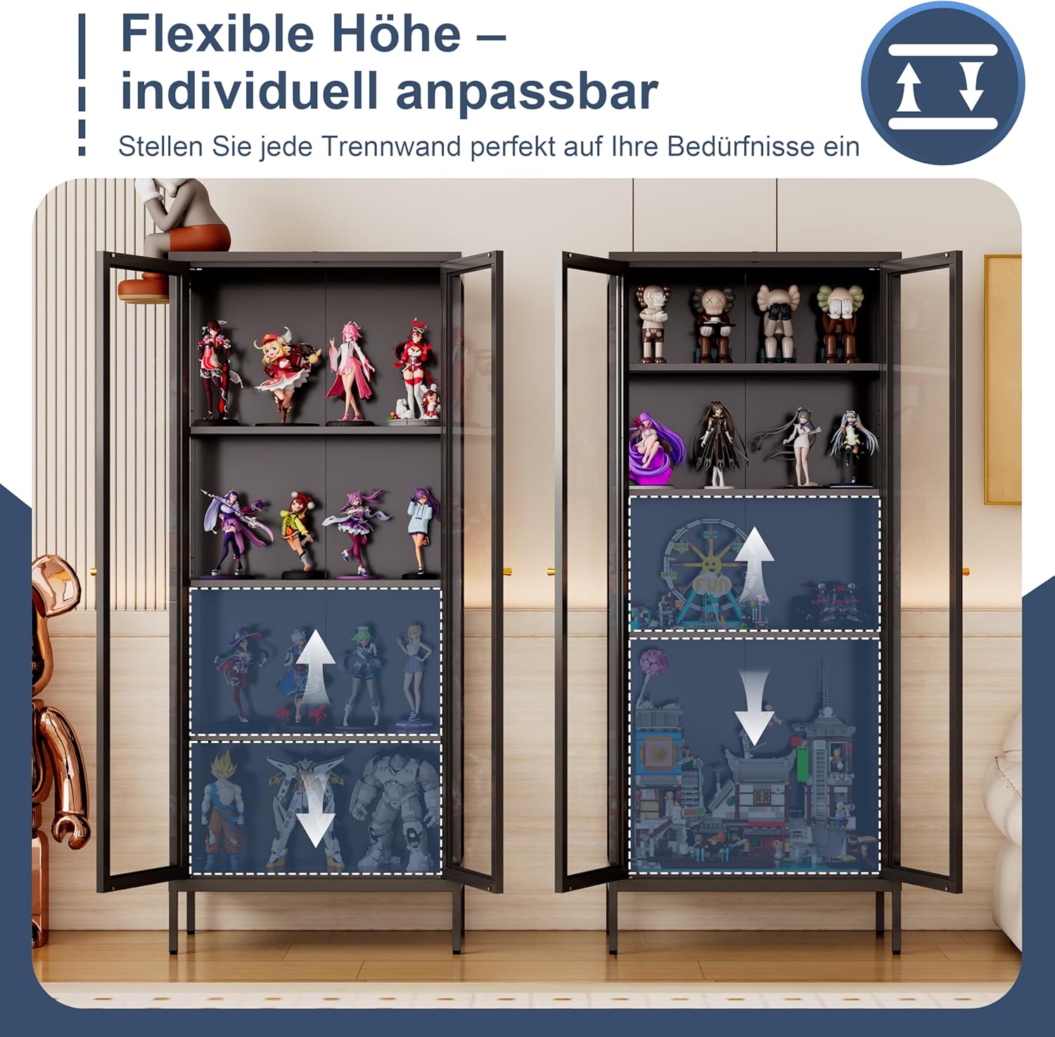 Vitrine mit Glastüren,Glasvitrine Stehend Vitrinenschrank mit 3 höhenverstellbaren Fachböden, Sammlervitrine Glasschrank für Wohnzimmer Schlafzimmer Wein Büro, Schwarz(35x70x168cm)