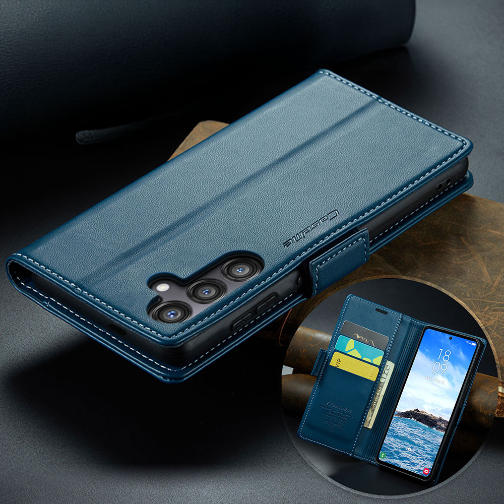 Samsung Galaxy S24 FE Leder Tasche Flip Wallet Etui mit Kartenfächern Litchi Look (RFID Schutz) - Blaugrün