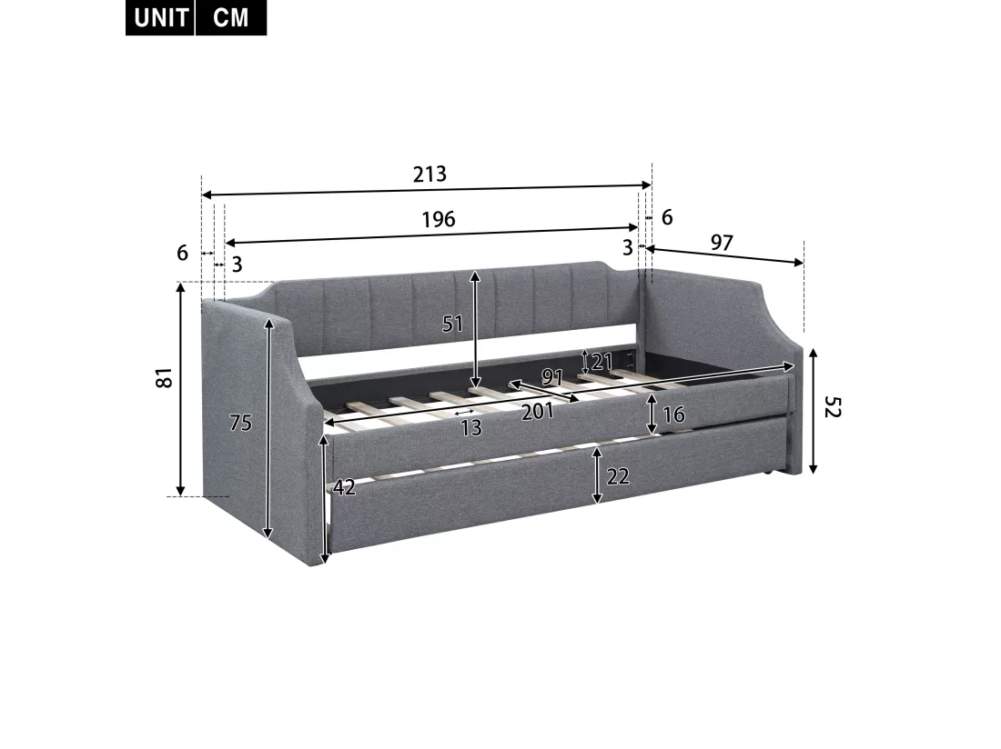 Lit gigogne 90x190/200cm en tissu de lin - avec sommier à lattes - Gris
