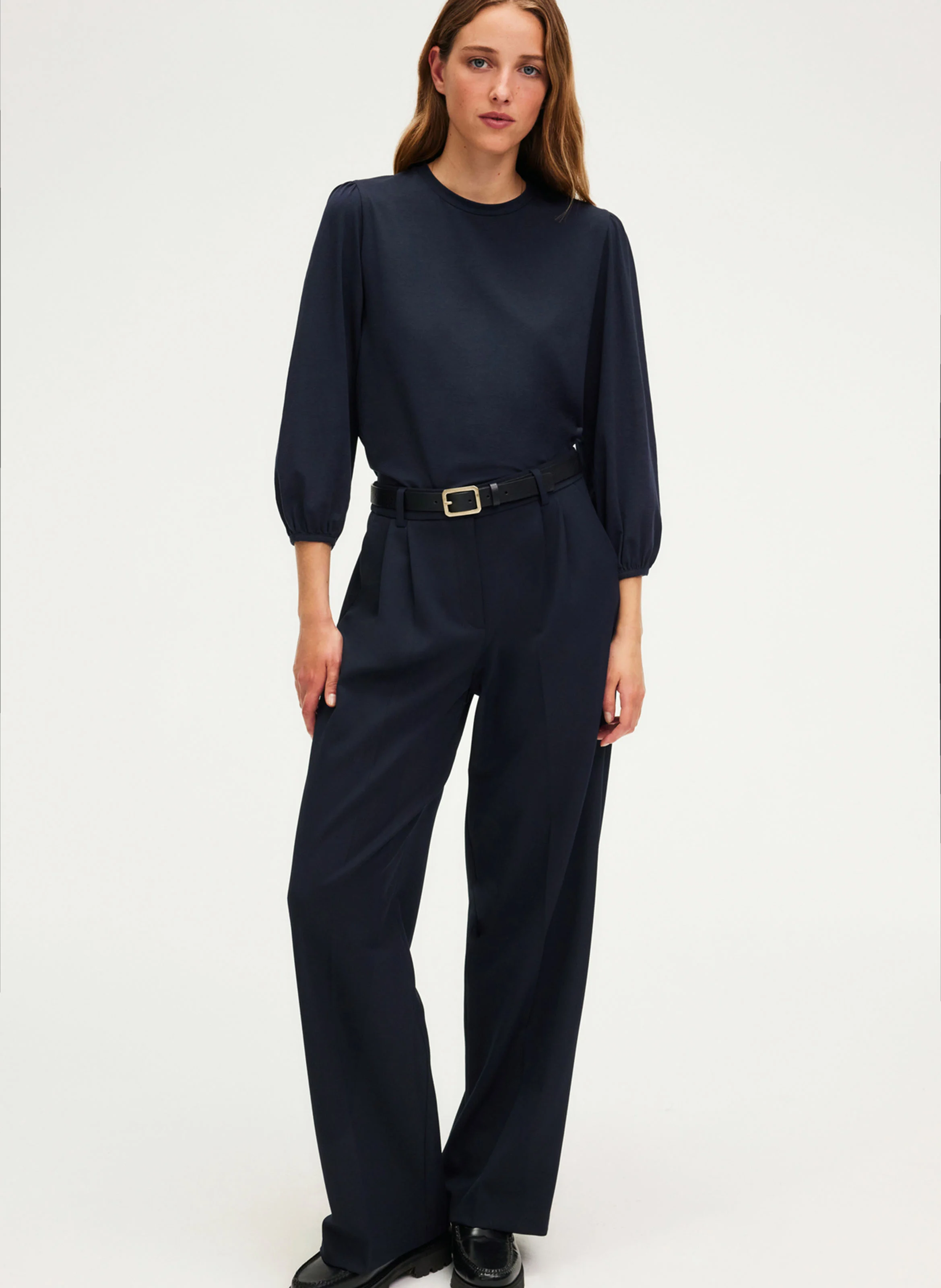 NOUAILA - Pantalon droit à plis| Bleu
