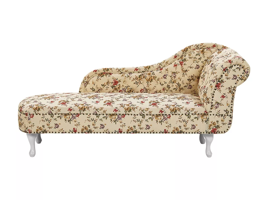 Chaise longue Chesterfield en tissu beige à motif floral côté droit NIMES
