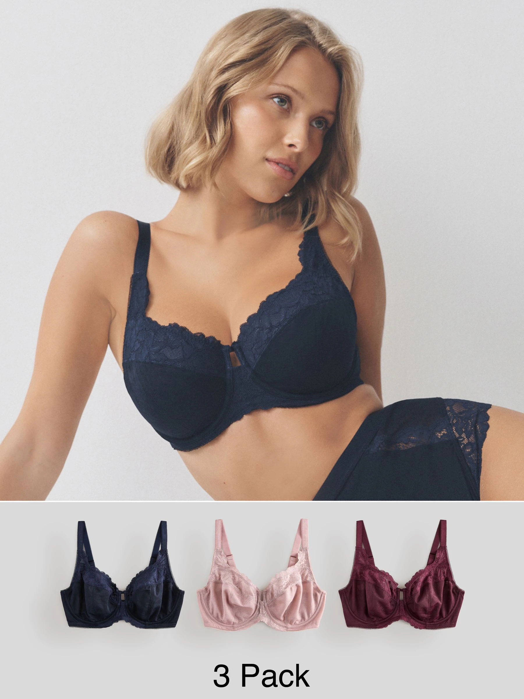 Marineblauw/bessenrood/roze - DD+ Beha's met volledige cups zonder vulling, set van 3 met kantversiering