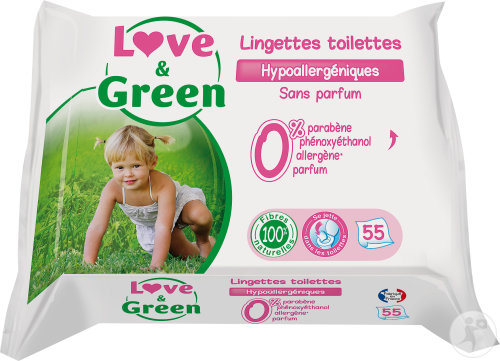Love&Green Lingettes Toilettes Hypoallergéniques Sans Parfum 55 Pièces