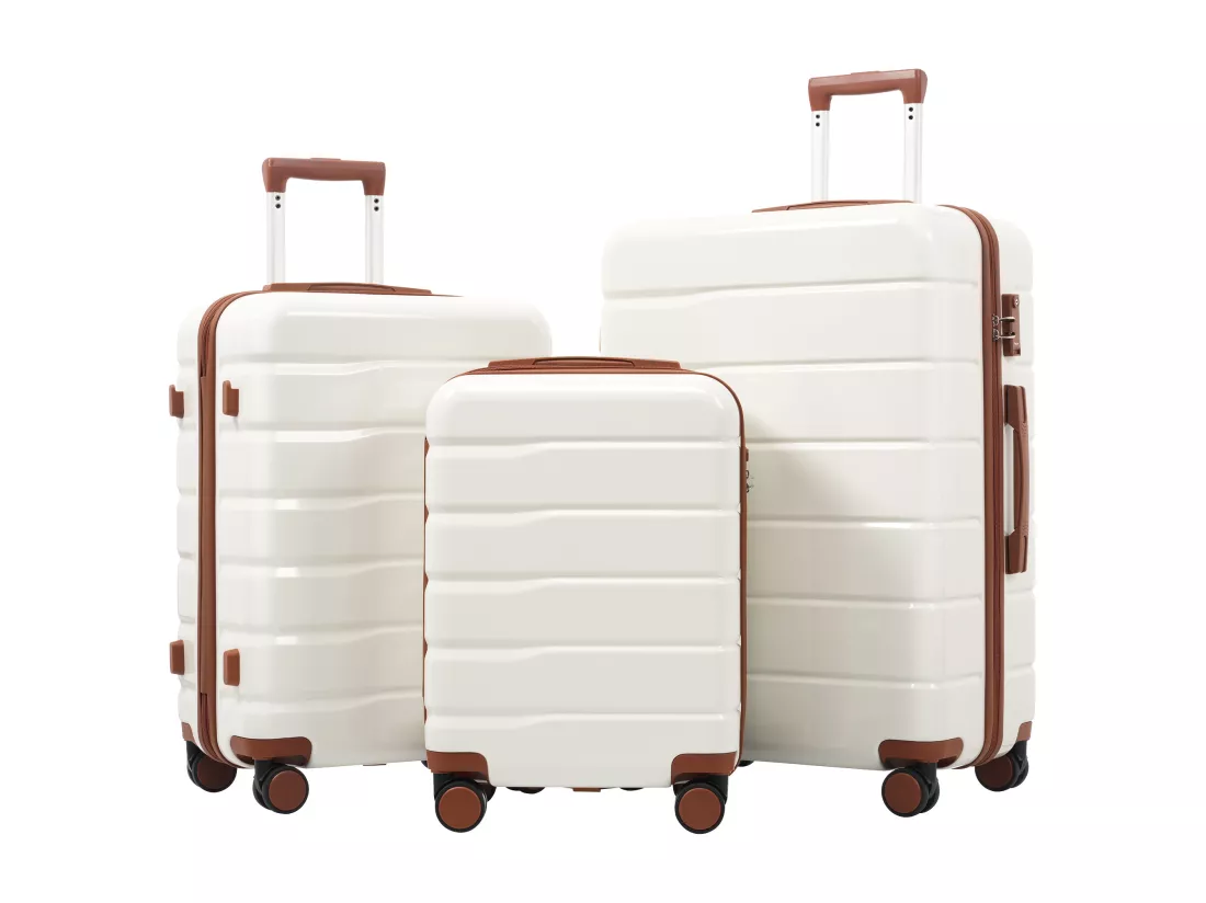Bagage à main de 3 pièces20&24&28 pouces - en matériau ABS+PC - doubles roues pivotantes à 360° et Serrure TSA - blanc