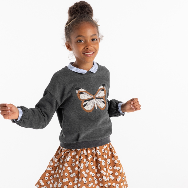 Sweat-shirt motif papillon gris fille