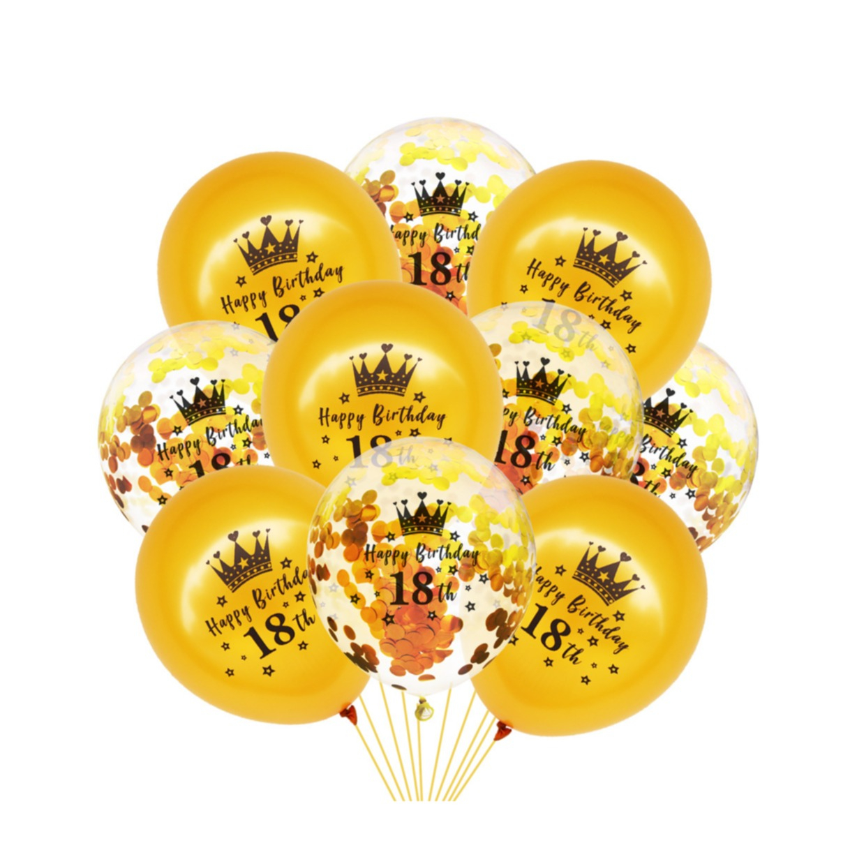 (10er Set) Ø30cm Geburtstags Party Deko Ballons Latex Luftballons 18 Happy Birthday mit Krone   Konfetti - Gold