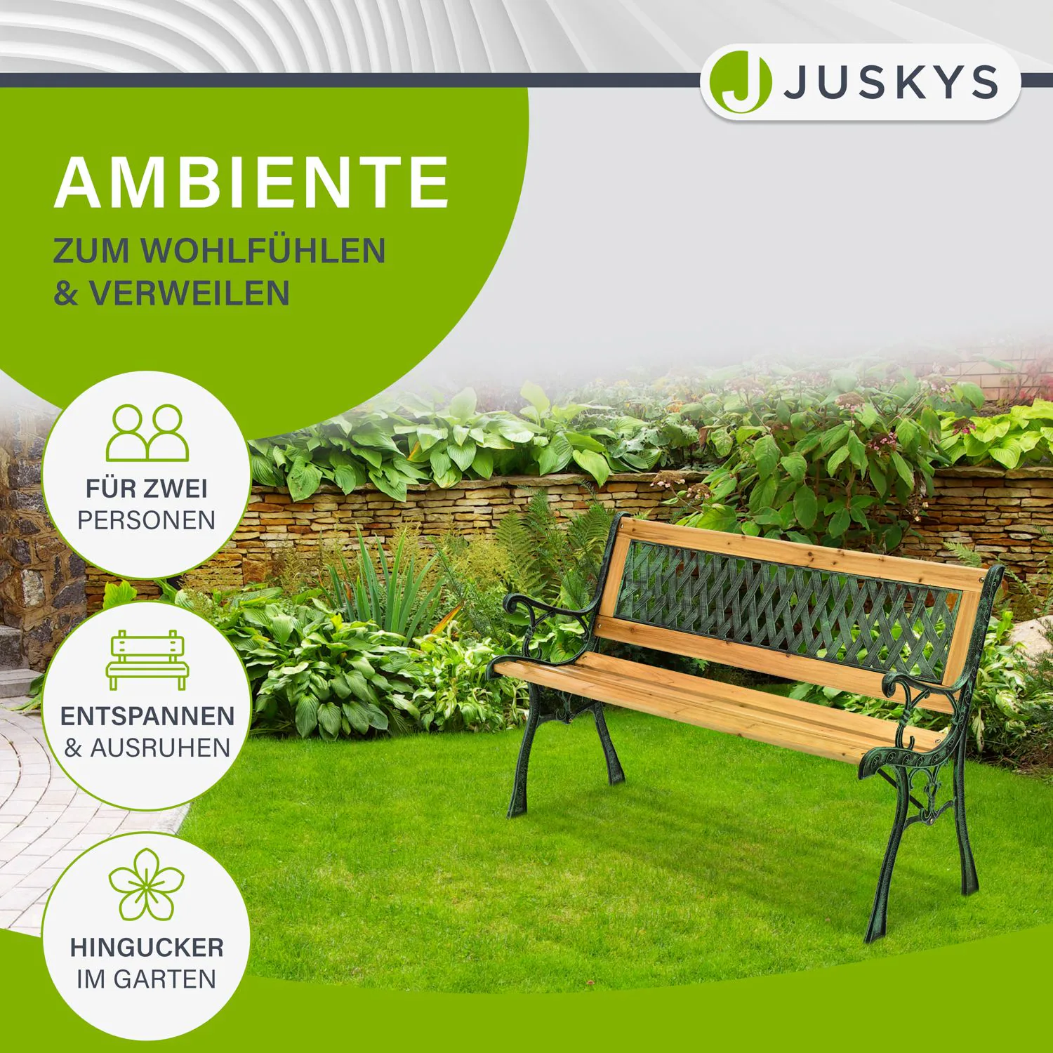 Juskys Gartenbank Pisa – 2-Sitzer Sitzbank mit Armlehnen & Rückenlehne – 122x54x73 cm