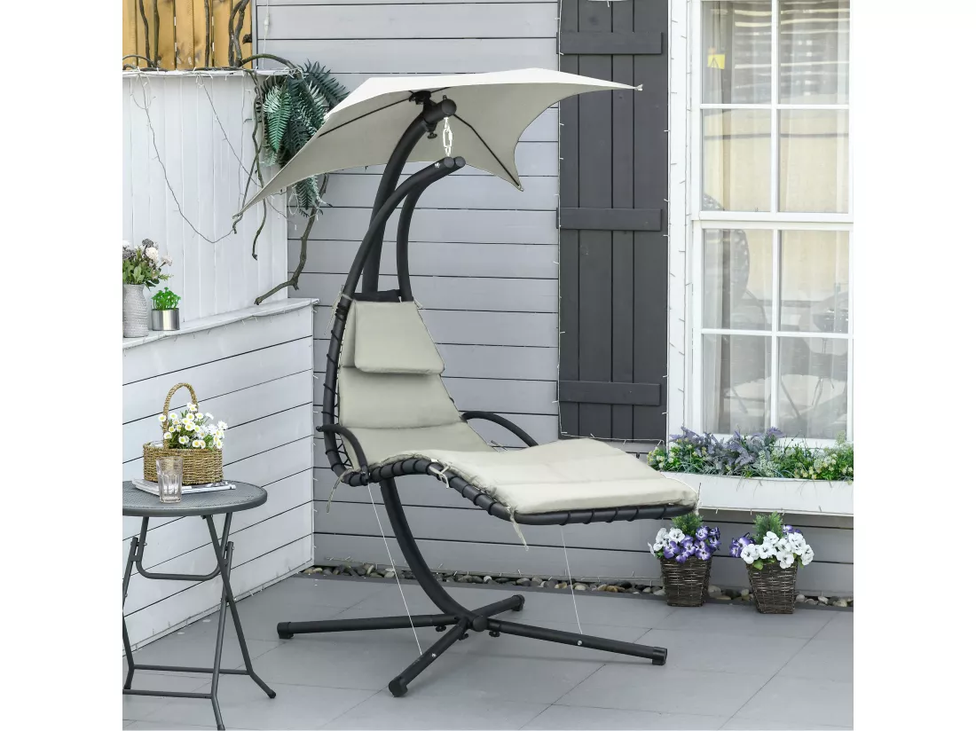 Bain de soleil transat suspendu avec pare-soleil et matelas design contemporain 190L x 115l x 190H cm acier polyester gris noir
