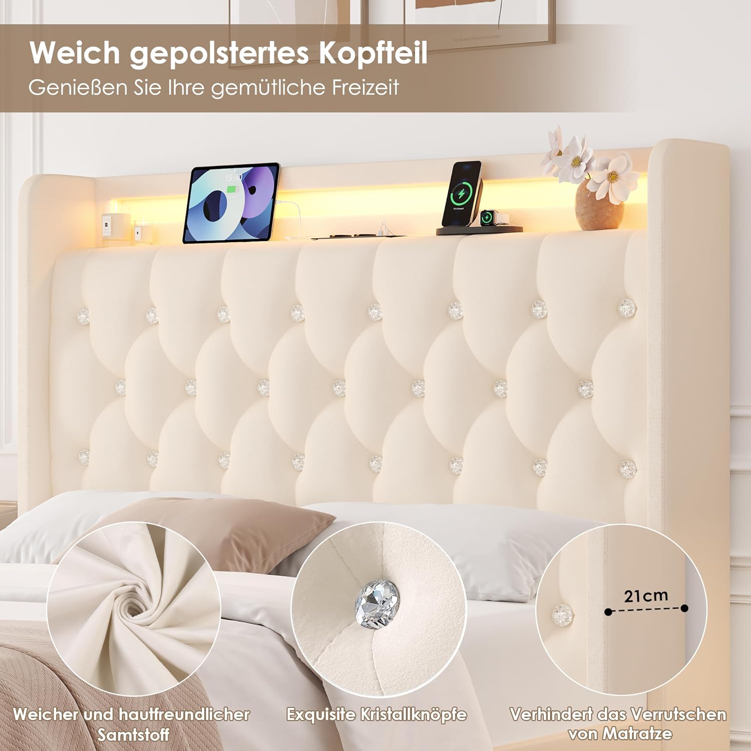 FOREHILL Polsterbett 140x200 Bettgestell mit Stauraum, LED Beleuchtung, Ladestation, Bett Jugendbett mit 4 Schubladen, Kopfteil, Lattenrost, Samt weiß