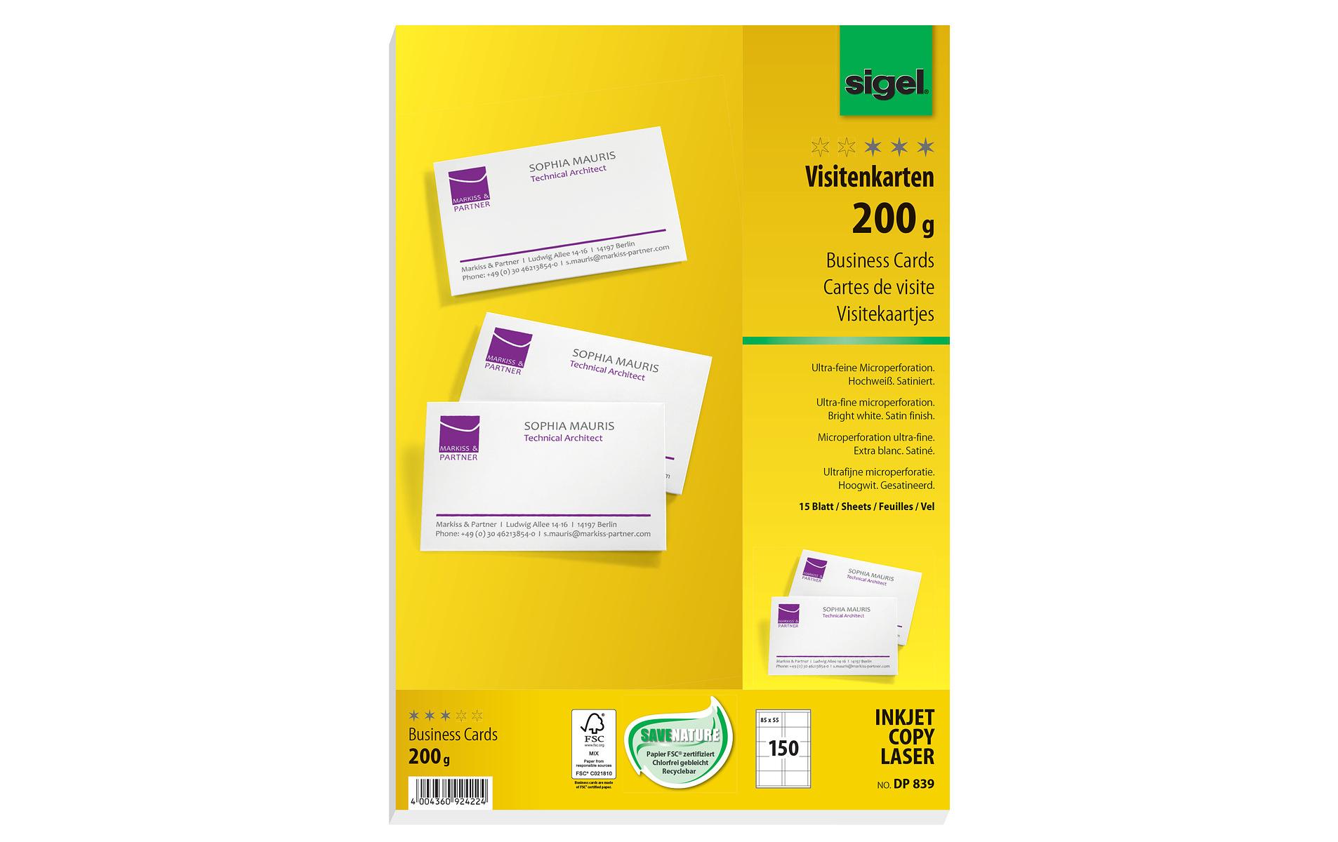 Visitenkarten-Etiketten 8.5 x 5.5 cm, 15 Blatt, 200 g, WeissBlanko-Visitenkarten zum Bedrucken