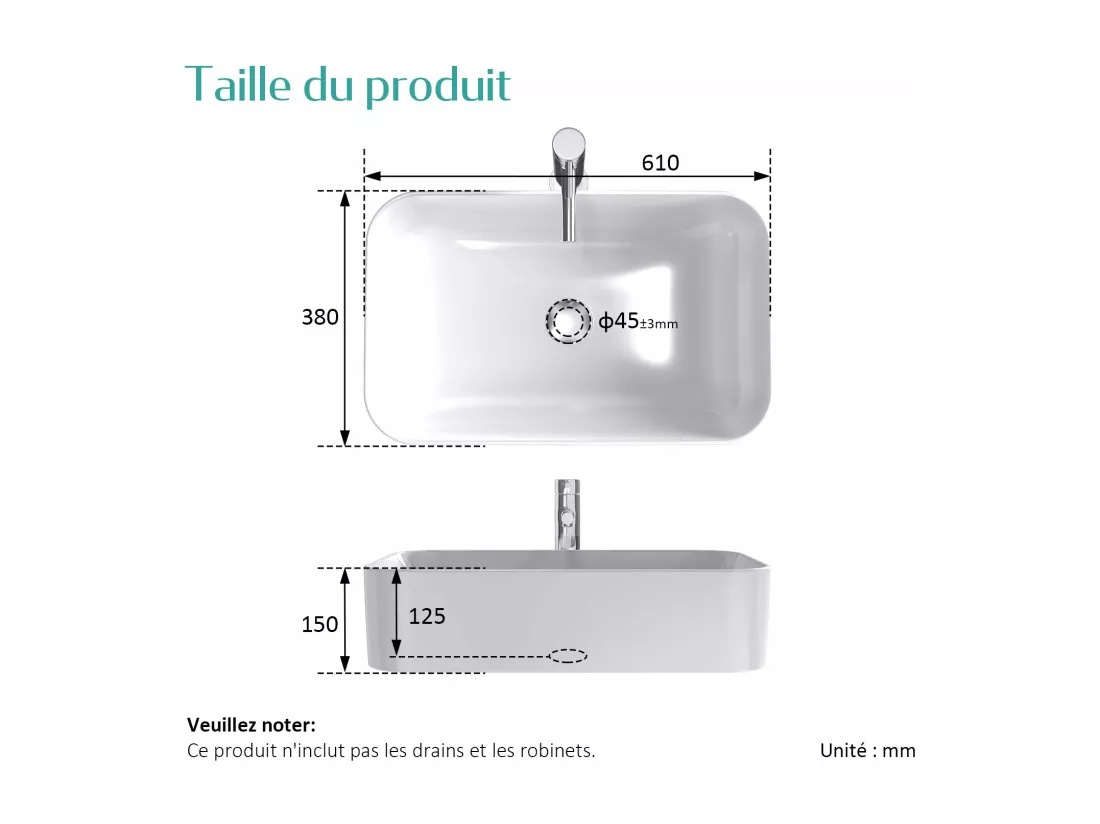 EMKE Vasque à Poser 610 x 380 x 150 mm, Lavabo Rectangulaire en Céramique pour Salle de Bain, Design Angles Arrondis R, Blanc Mat