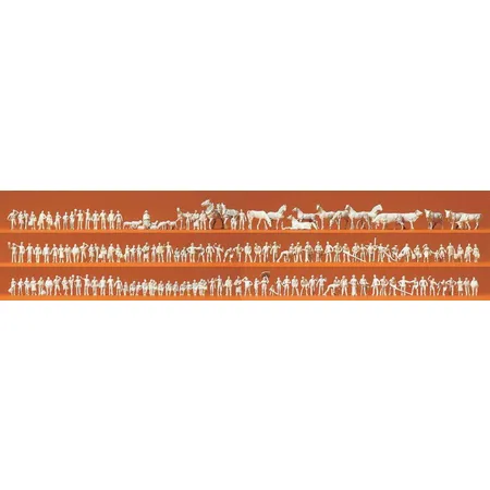 Preiser 160 Figuren: Bahnpersonal, Reisende, Passanten, Arbeiter und Tiere, unbemalt