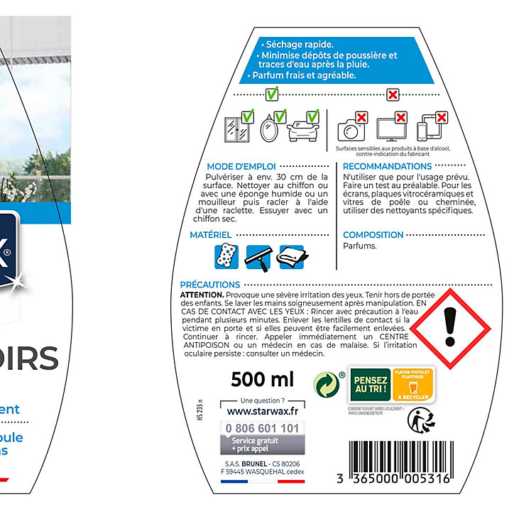 Nettoyant pulvérisateur spécial vitres et miroirs à l'alcool Starwax 0,5L