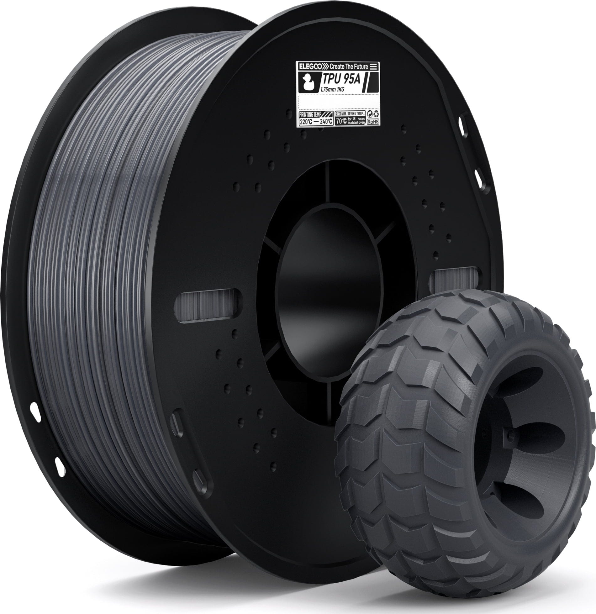 Elegoo  TPU 95A Grey, 1,75 mm / 1000 g    Elastisches Filaament mit 95A Shore Härte in Grey