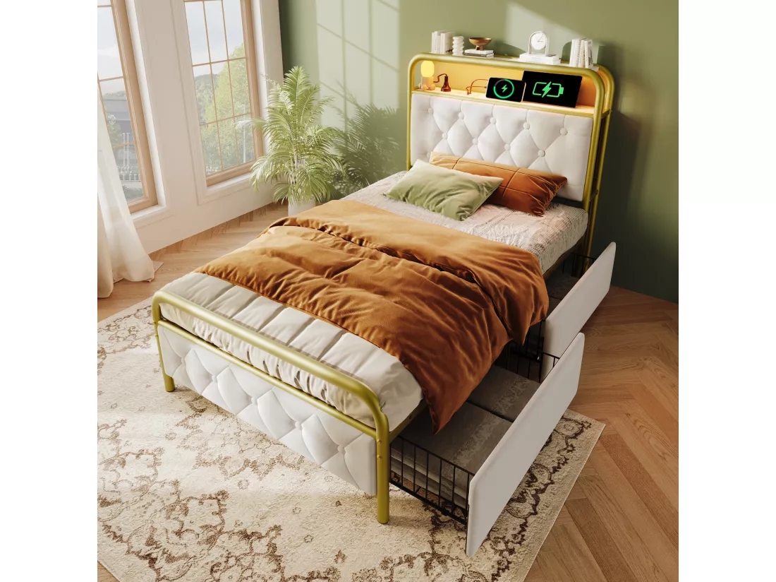 Lit capitonné 90 x 200 cm avec 2 tiroirs et tête de lit rangement - Prises USB Type C et LEDs - Velours - Blanc (sans matelas)