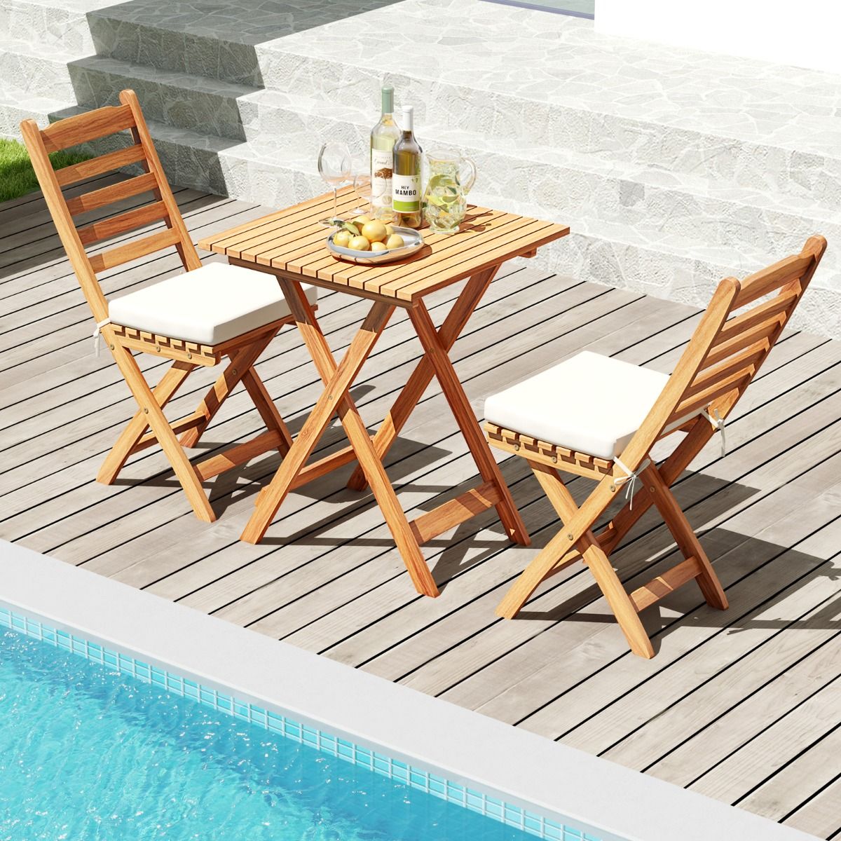 Ensemble Bistrot d'Extérieur en Bois d'Acacia Ensemble de Chaises Pliantes et Table Coussins de Siège Sans Accoudoirs à Dossier Haut Blanc - Lidl-Manfred