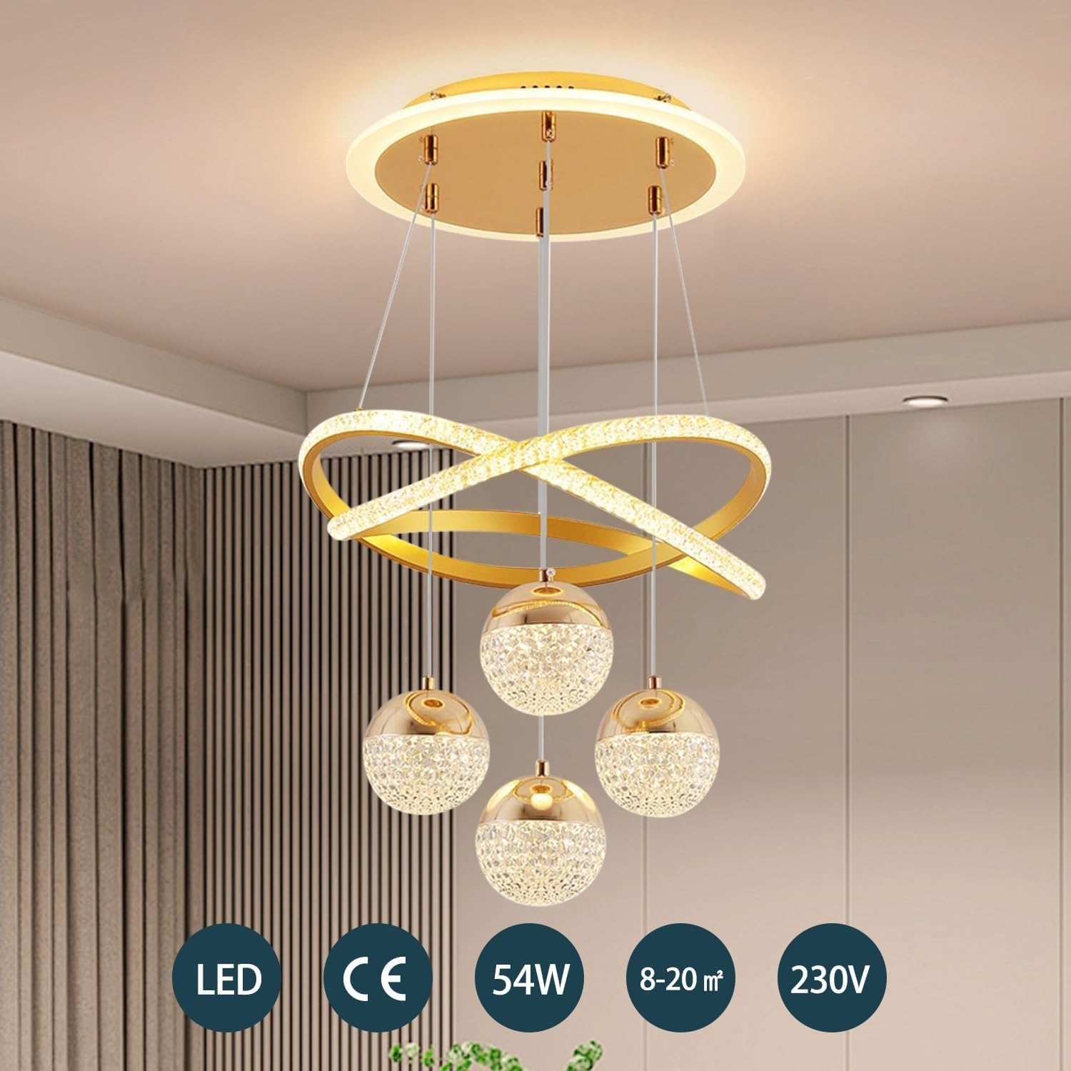 Gold Acryl Kronleuchter Ring Moderne Led Kristall Küche Insel Leuchte Decke Hängen 3 Ball Dimmbare Deckenleuchten Led Pendelleuchte mit Fernbedienung Studie Büro Pendelleuchte(Gold,Regular styl