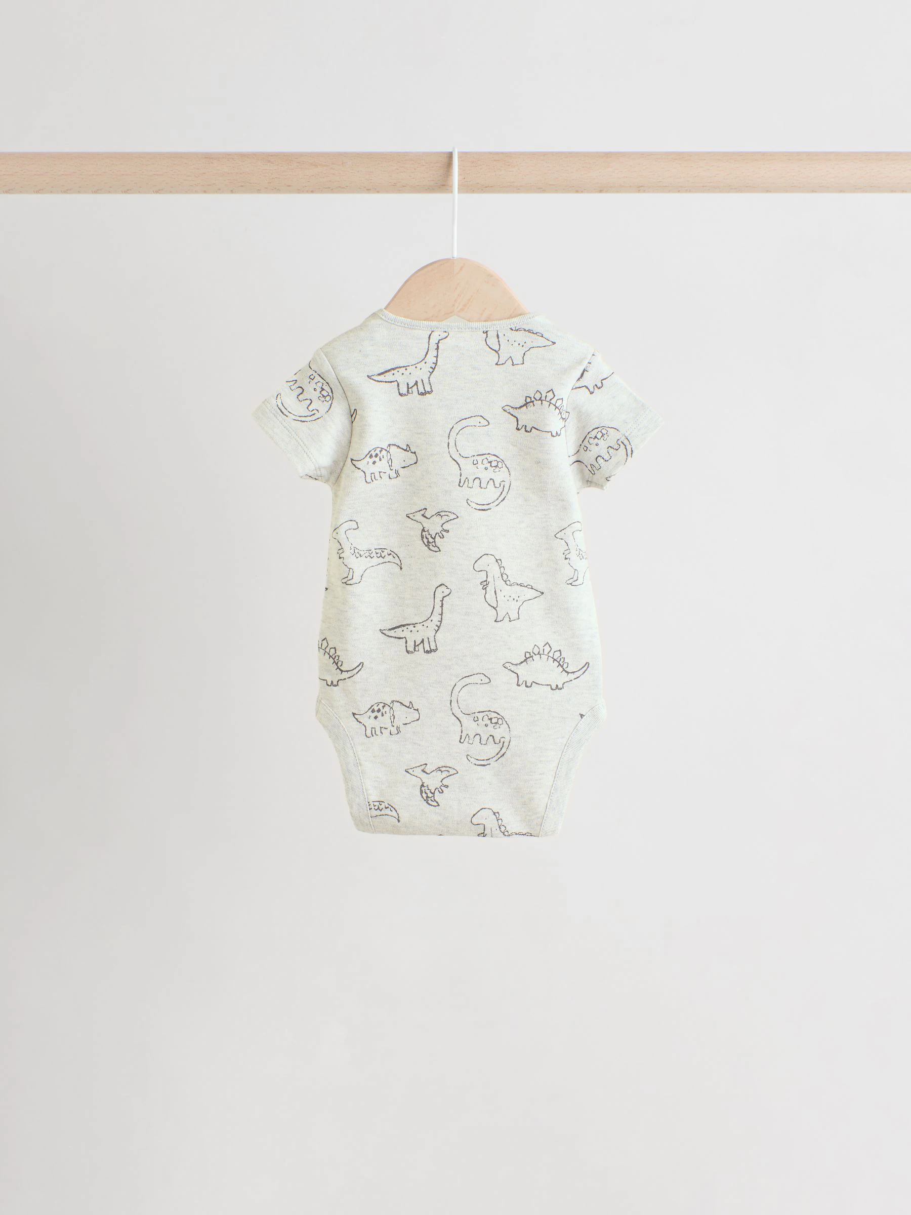 Grijs met dinoprint - Set van 5 babyrompertjes met korte mouwen
