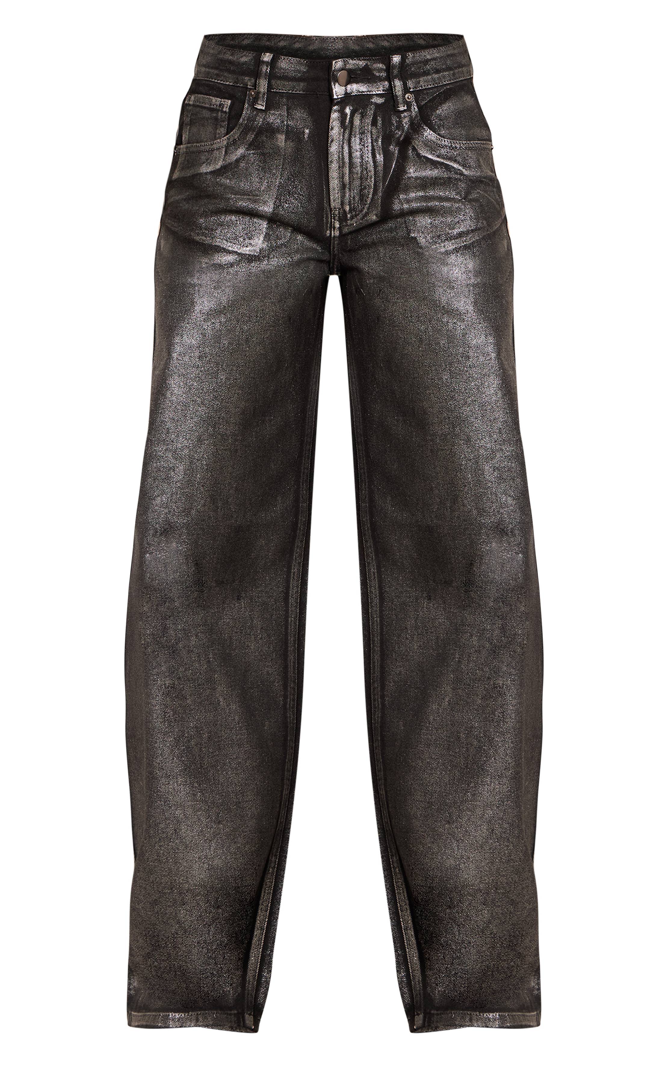 Noir Jean Barrel Taille Mi-haute À Revêtement Métallisé