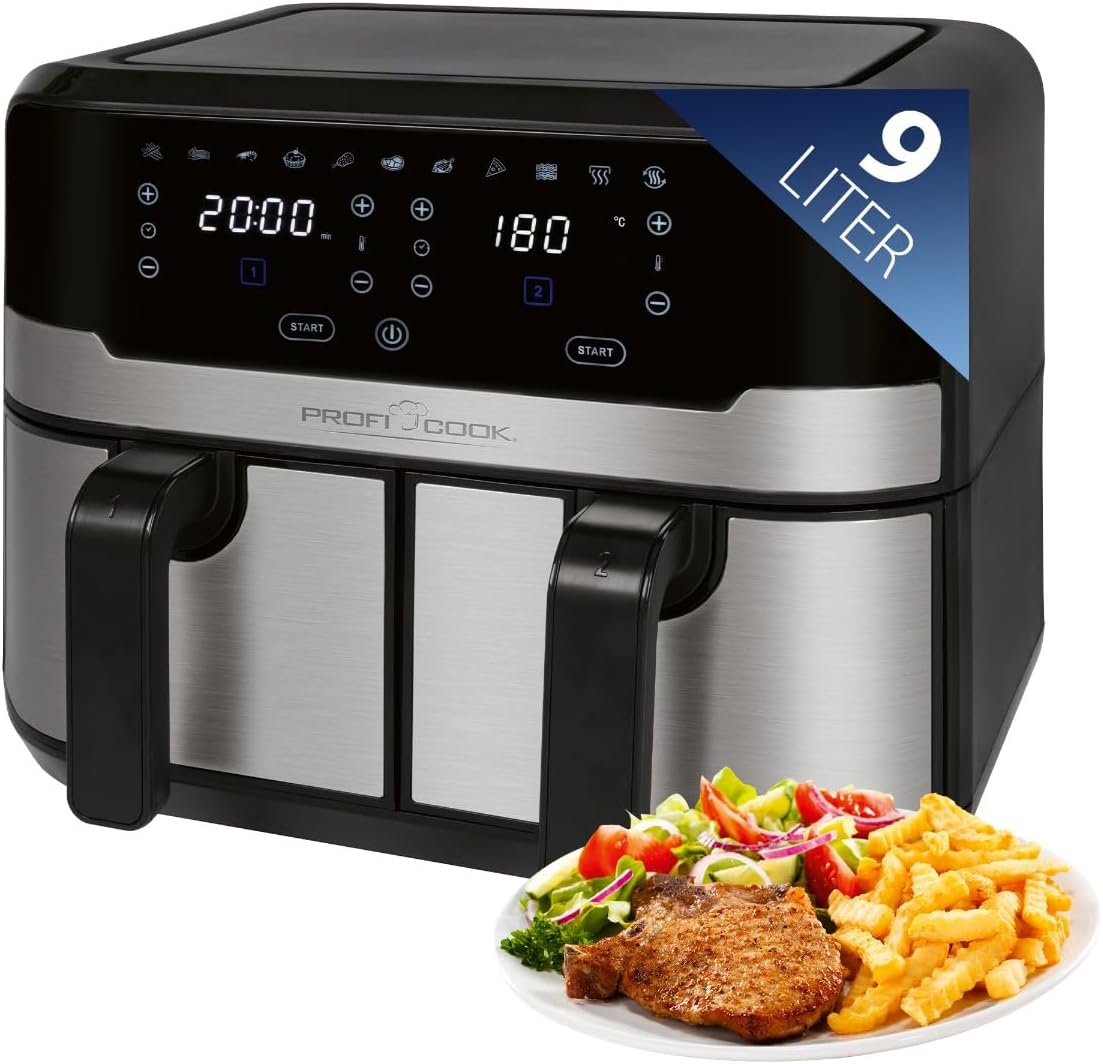 ProfiCook® Doppel-Heißluftfritteuse | 9 Liter | XXL Heißluftfritteuse Doppelkammer | Frittieren mit heißer Luft ohne zusätzliches Öl | 9 Programme | Air Fryer |Touchscreen | 2400 Watt | PC-FR 1242 H