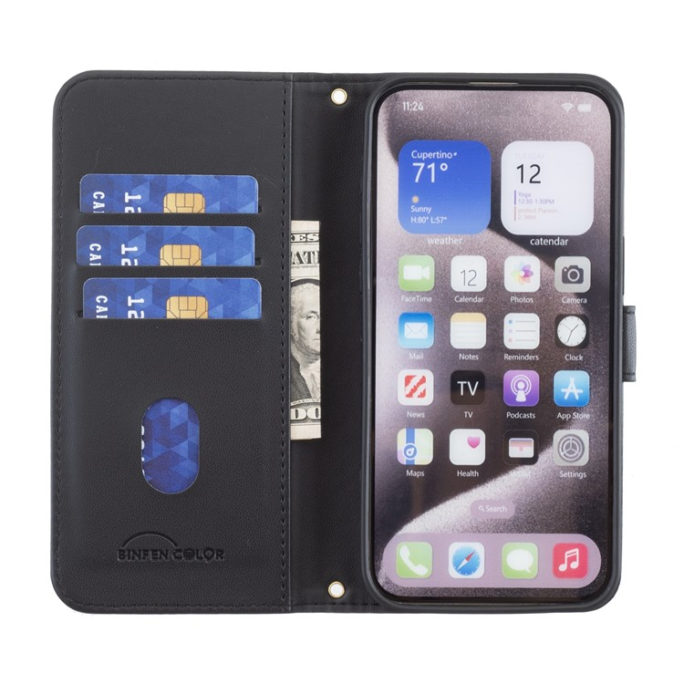 iPhone 16e Leder Tasche Flip Cover Kartenfächer Gittermuster   Handschlaufe - Schwarz