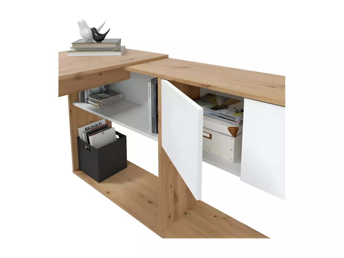 Bureau modulable avec étagères Blanc/Chêne - AIKI