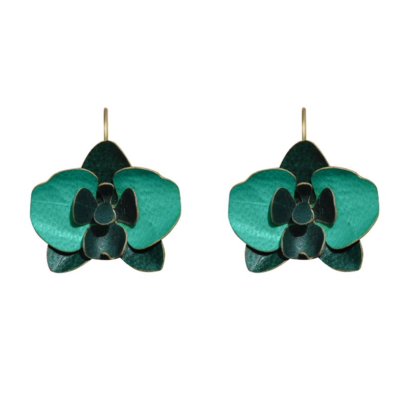 Boucles d'Oreilles Laiton Orchidée en Cuir