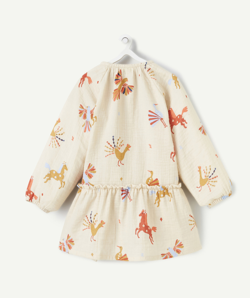 ROBE MANCHES LONGUES BÉBÉ FILLE EN COTON BIO BEIGE AVEC IMPRIMÉ ANIMAUX COLORÉS