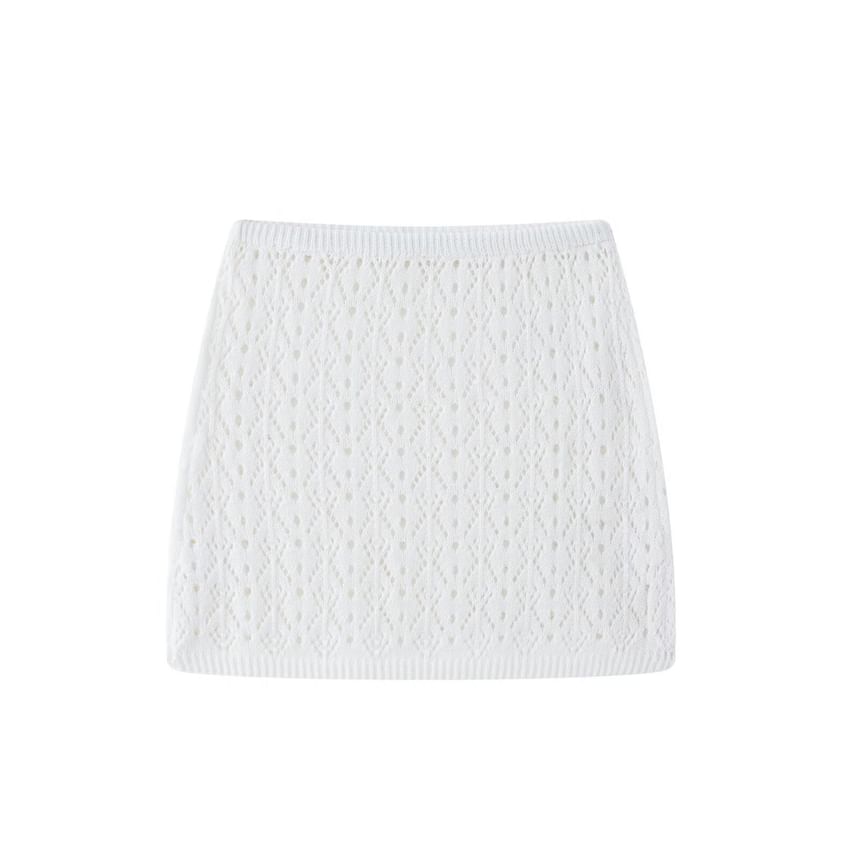 Avauntgardo - V-hals geperforeerde knoopsluiting effen cardigan met split / hoge taille gebreide mini-kokerrok