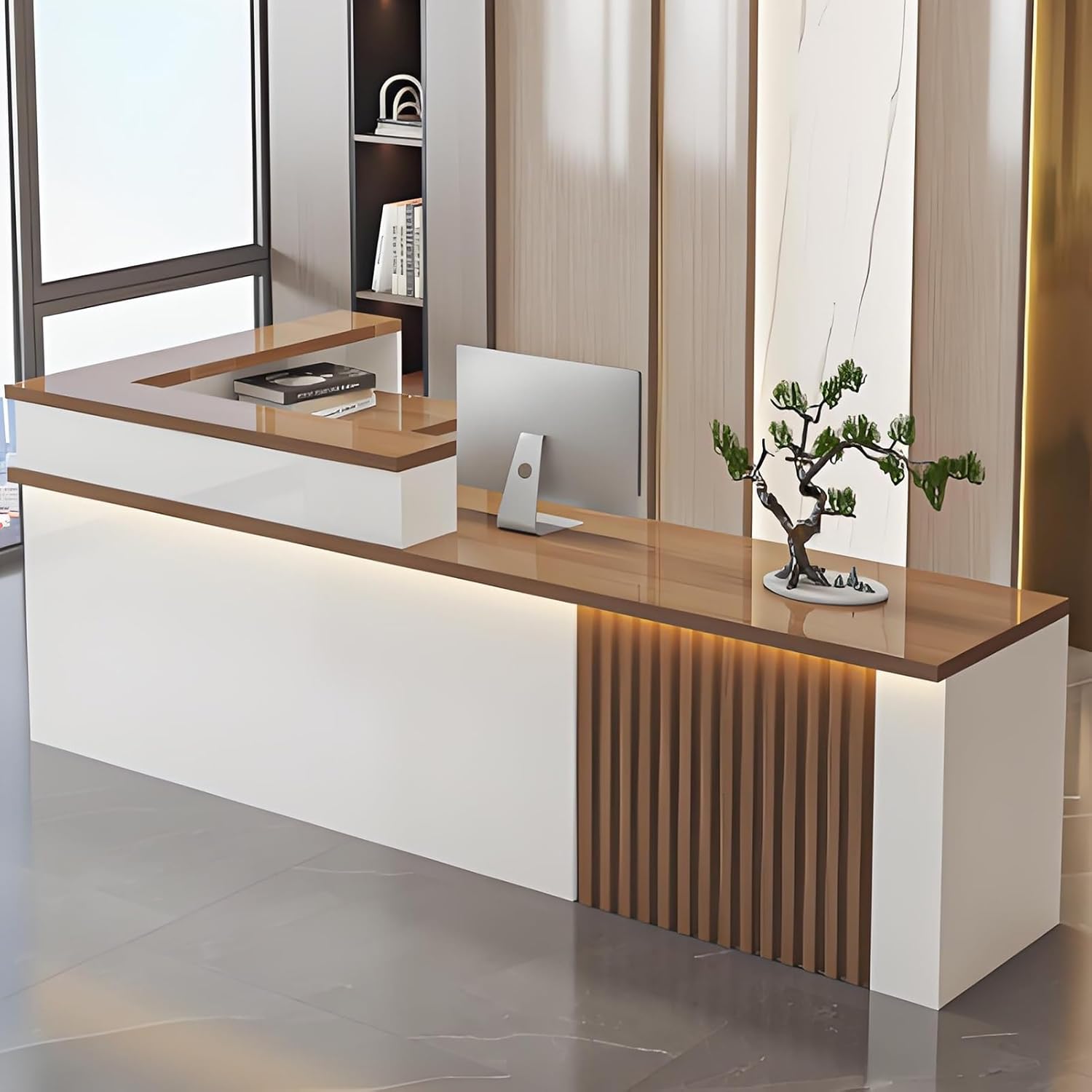 Empfangstheke mit LED-Leuchten und verschließbarer Schublade, Empfangstresen, Verkaufstresen, Rezeptionstheke-Empfangstisch für Kassenbüro, Schönheitssalon, Lobby(Wood R,140cm/55in)